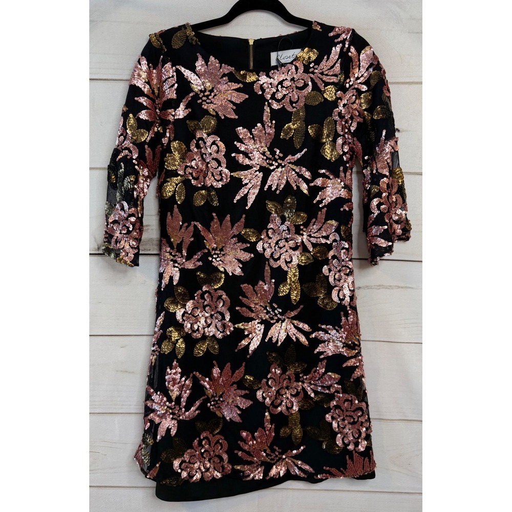 Closet London Flared Sleeve Sequin Tunic Dress‎ Black Gold Floral D1882 US 4 NEW